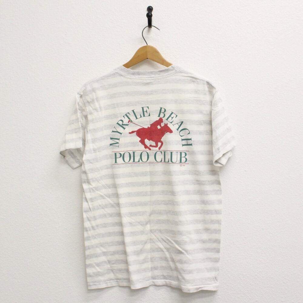Vintage 90s Myrtle Beach Polo Club Gray Striped T Shirt Mens Large